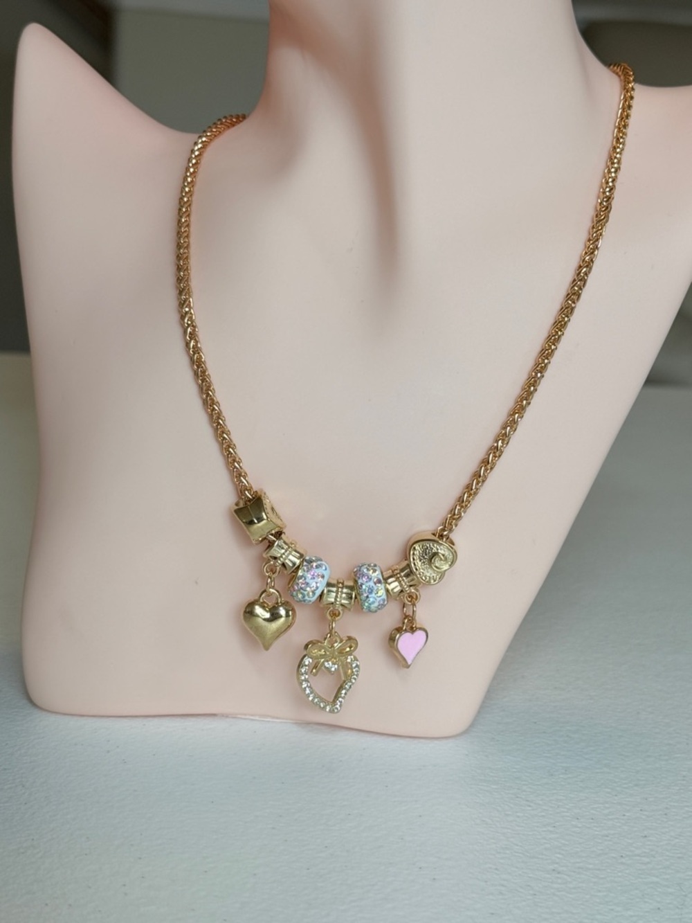 Gold-Tone Heart Charm Necklace with Pink Accent Beads - Picture 3 of 8